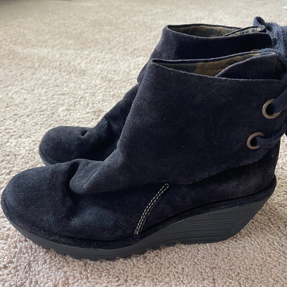 Fly London Yama Black Suede Wedge Ankle Boot. Size 38. Comfort, Travel, Casual
